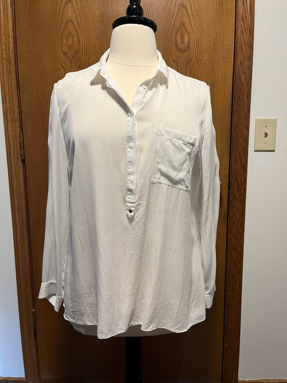 Women's White Silk Long-Sleeve Button-Front Blouse with Chest Pocket